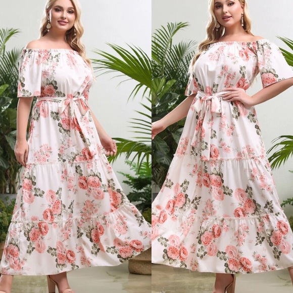 Boho plus floral print belted off shoulder dress - Picture 3 of 7